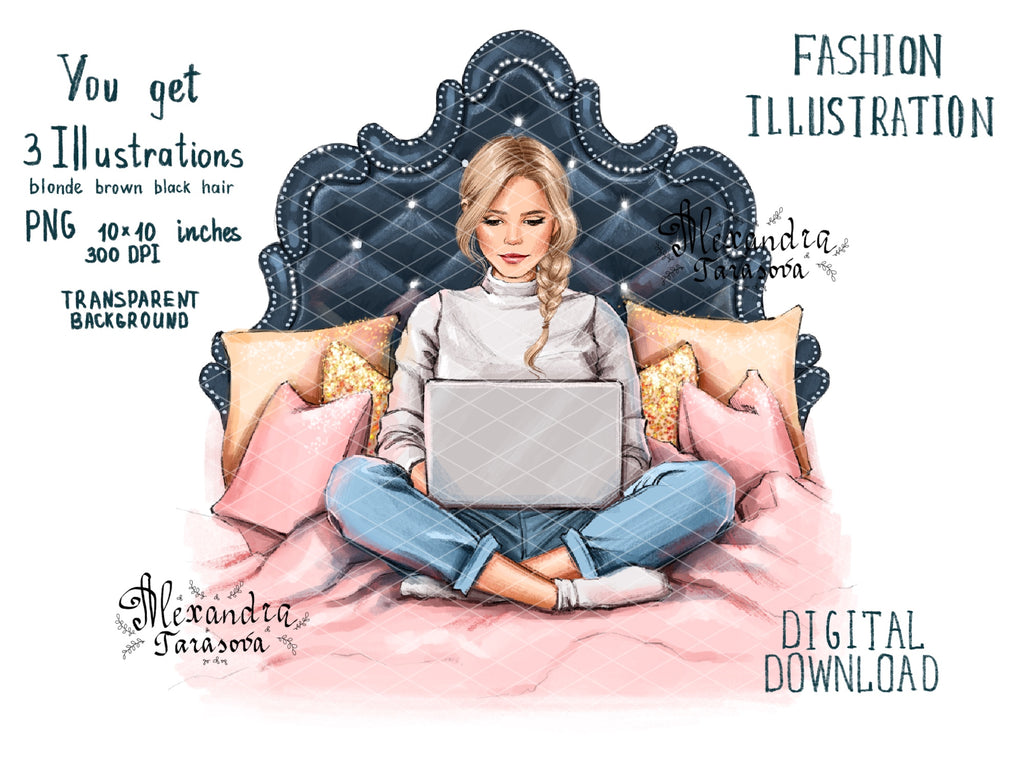 Digital Watercolor Illustration Stylish Girl Trendy Hairstyles Laptop Working Home Printable Art
