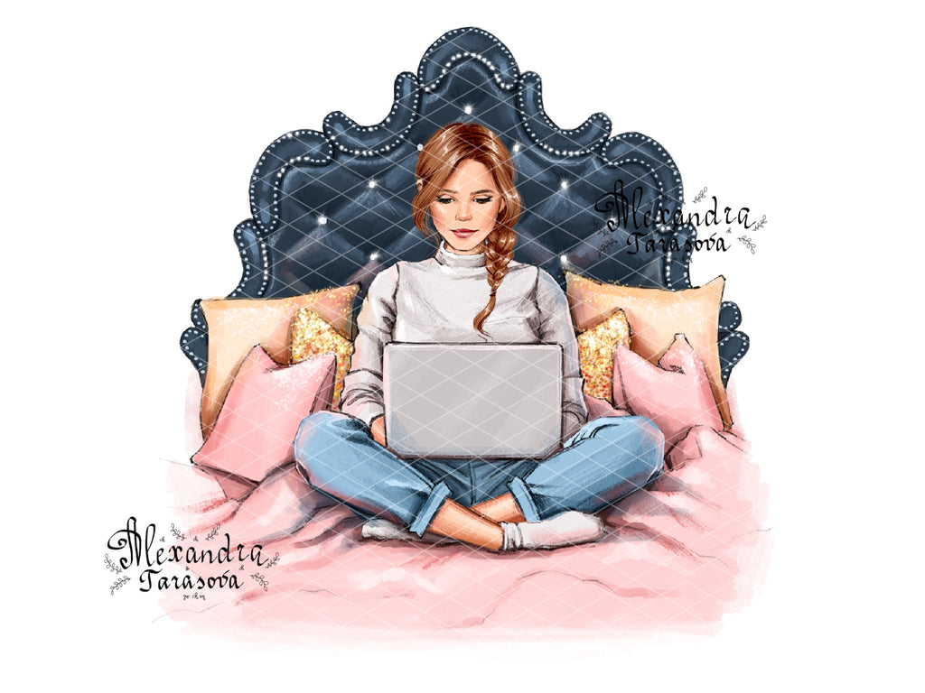 Digital Watercolor Illustration Stylish Girl Trendy Hairstyles Laptop Working Home Printable Art