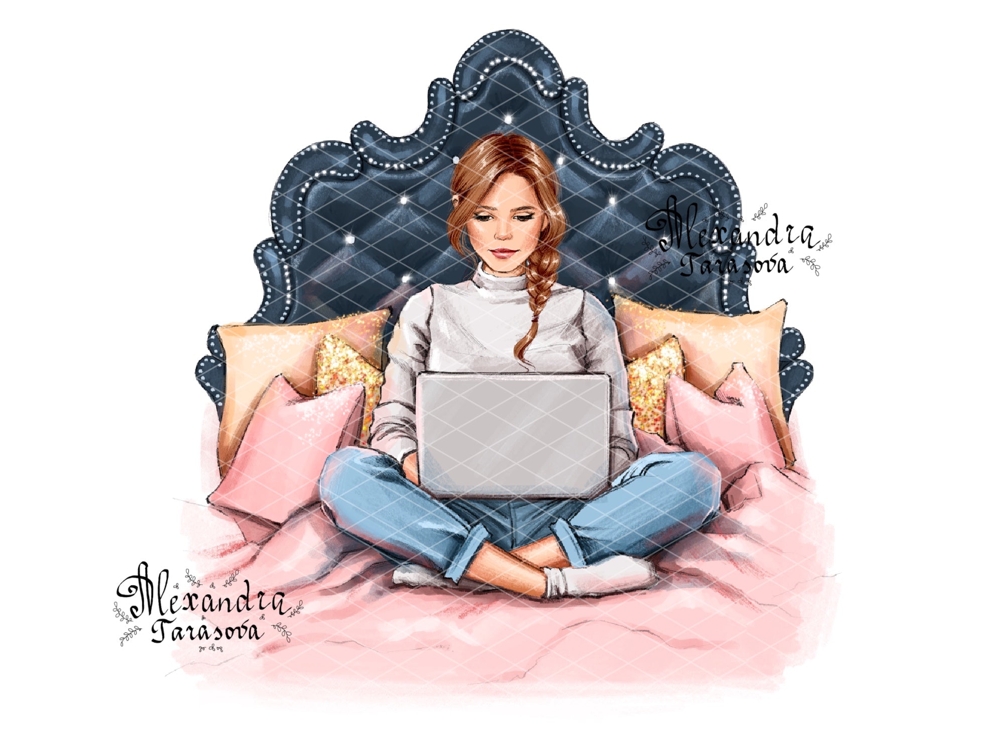 Digital Watercolor Illustration Stylish Girl Trendy Hairstyles Laptop Working Home Printable Art