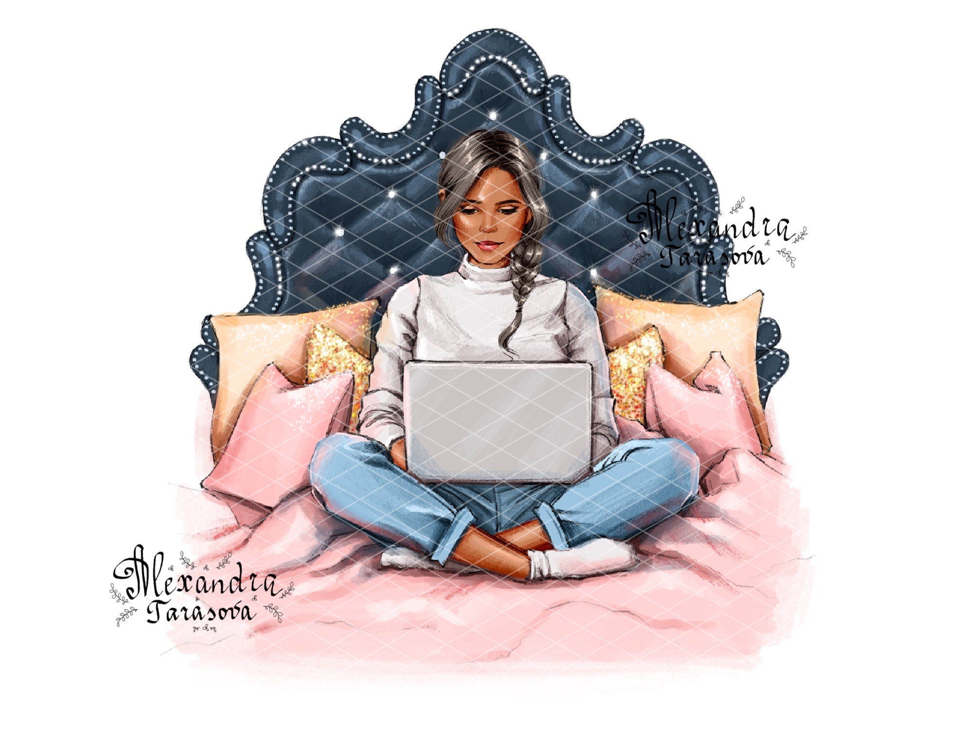 Digital Watercolor Illustration Stylish Girl Trendy Hairstyles Laptop Working Home Printable Art