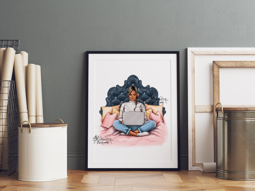 Digital Watercolor Illustration Stylish Girl Trendy Hairstyles Laptop Working Home Printable Art