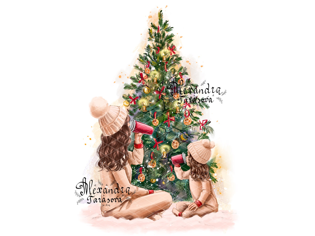 Digital Watercolor Illustration Fashion Mother And Daughter Christmas Tree Black Girl  Tea Winter Holiday New Year Gifts Printable Art
