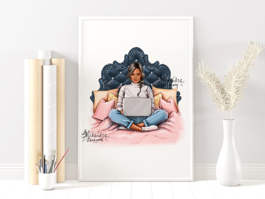 Digital Watercolor Illustration Stylish Girl Trendy Hairstyles Laptop Working Home Printable Art
