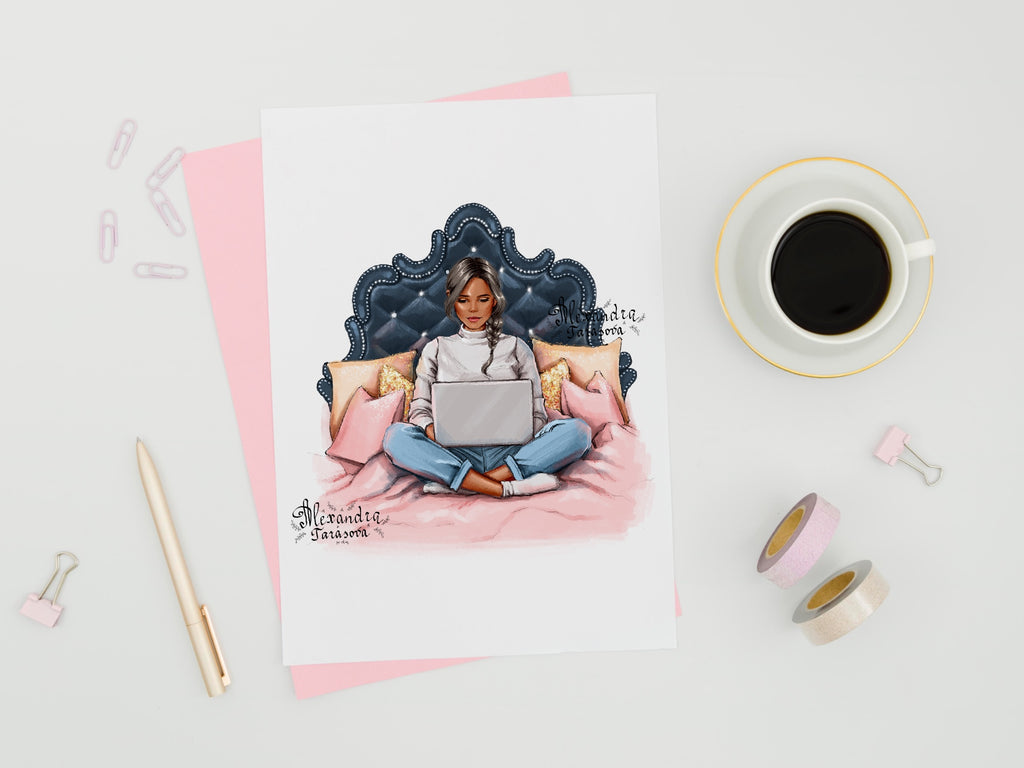 Digital Watercolor Illustration Stylish Girl Trendy Hairstyles Laptop Working Home Printable Art