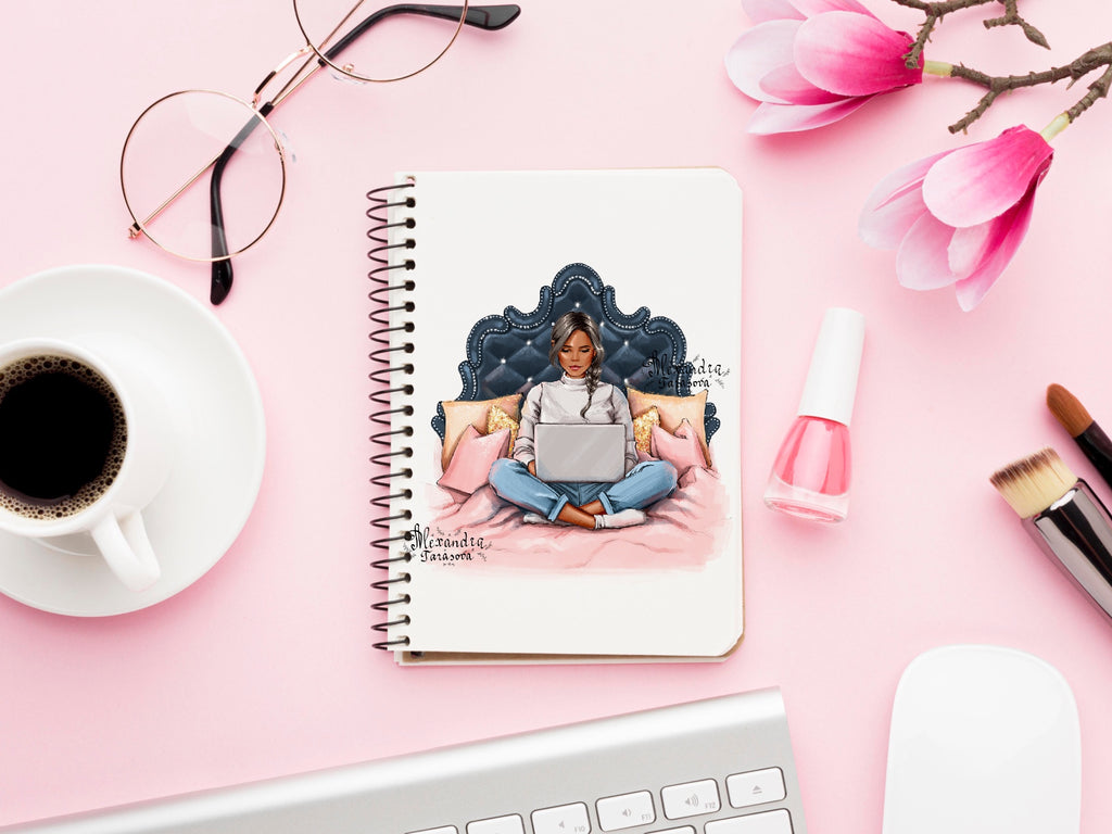 Digital Watercolor Illustration Stylish Girl Trendy Hairstyles Laptop Working Home Printable Art