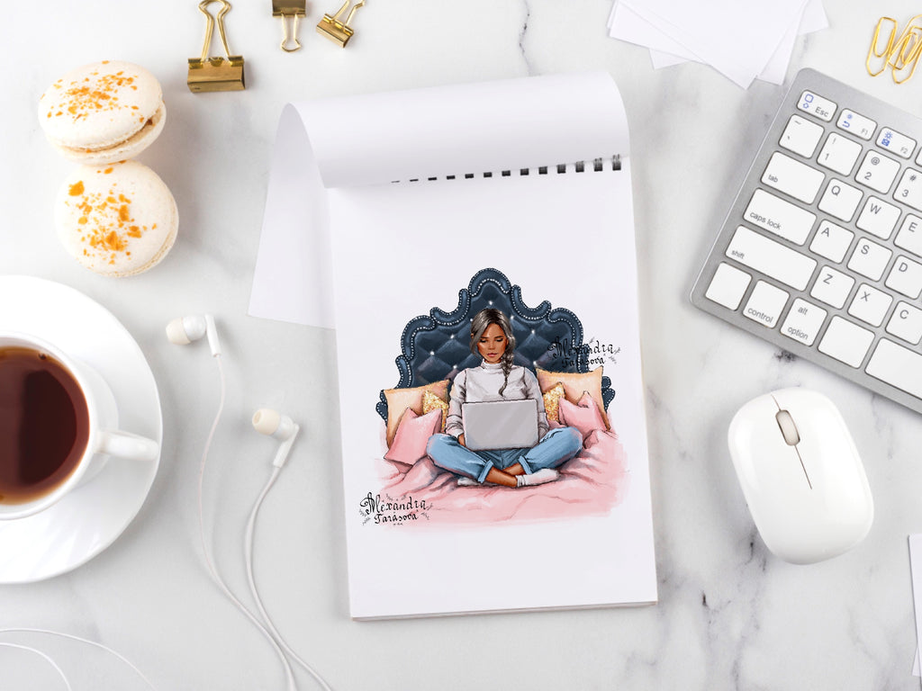 Digital Watercolor Illustration Stylish Girl Trendy Hairstyles Laptop Working Home Printable Art