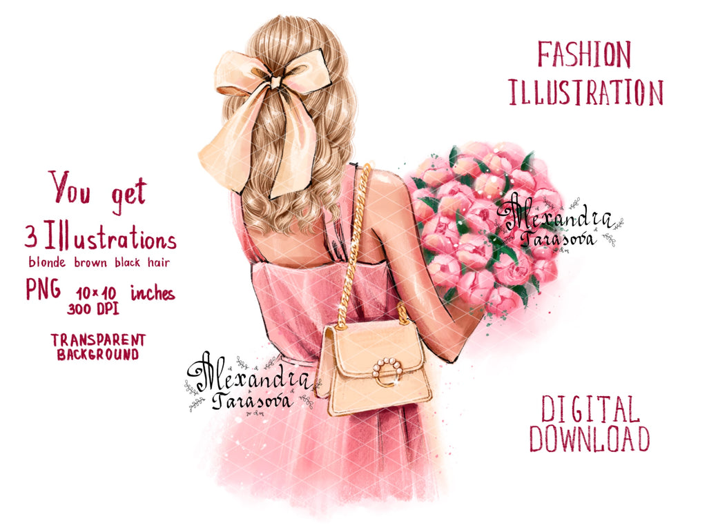 Digital Watercolor Illustration Stylish Shopping Girl Trendy Hairstyles Black Boss Girl White Black Jacket Printable Painting Art