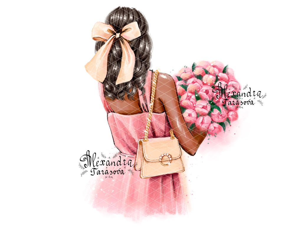 Digital Watercolor Illustration Stylish Shopping Girl Trendy Hairstyles Black Boss Girl White Black Jacket Printable Painting Art