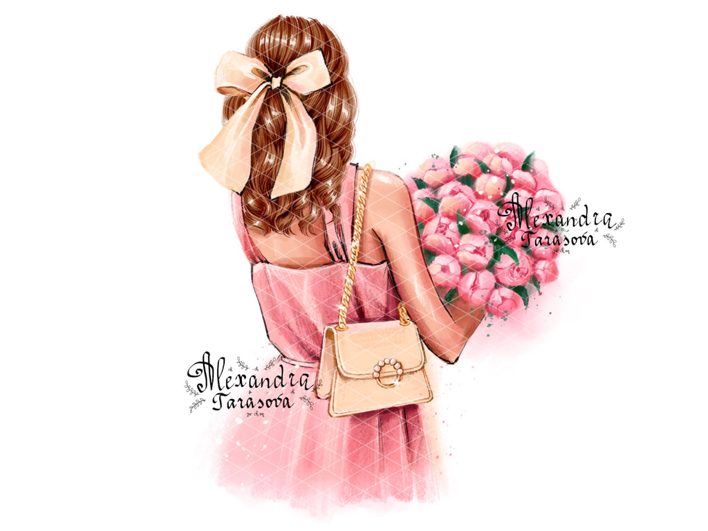 Digital Watercolor Illustration Stylish Shopping Girl Trendy Hairstyles Black Boss Girl White Black Jacket Printable Painting Art