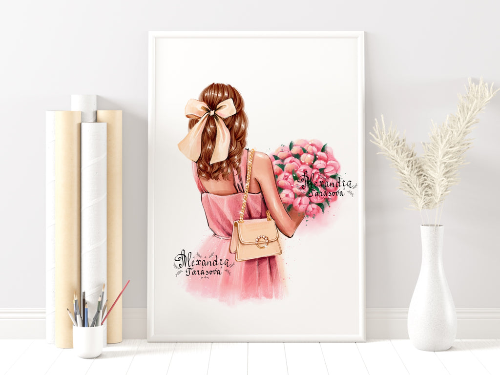 Digital Watercolor Illustration Stylish Shopping Girl Trendy Hairstyles Black Boss Girl White Black Jacket Printable Painting Art