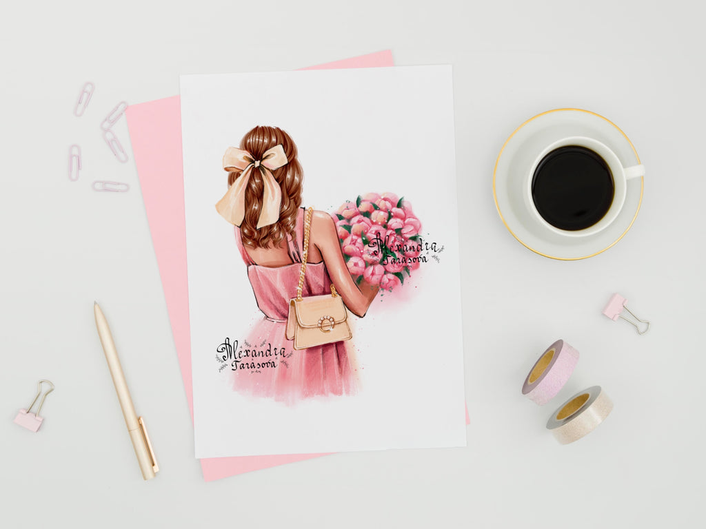 Digital Watercolor Illustration Stylish Shopping Girl Trendy Hairstyles Black Boss Girl White Black Jacket Printable Painting Art