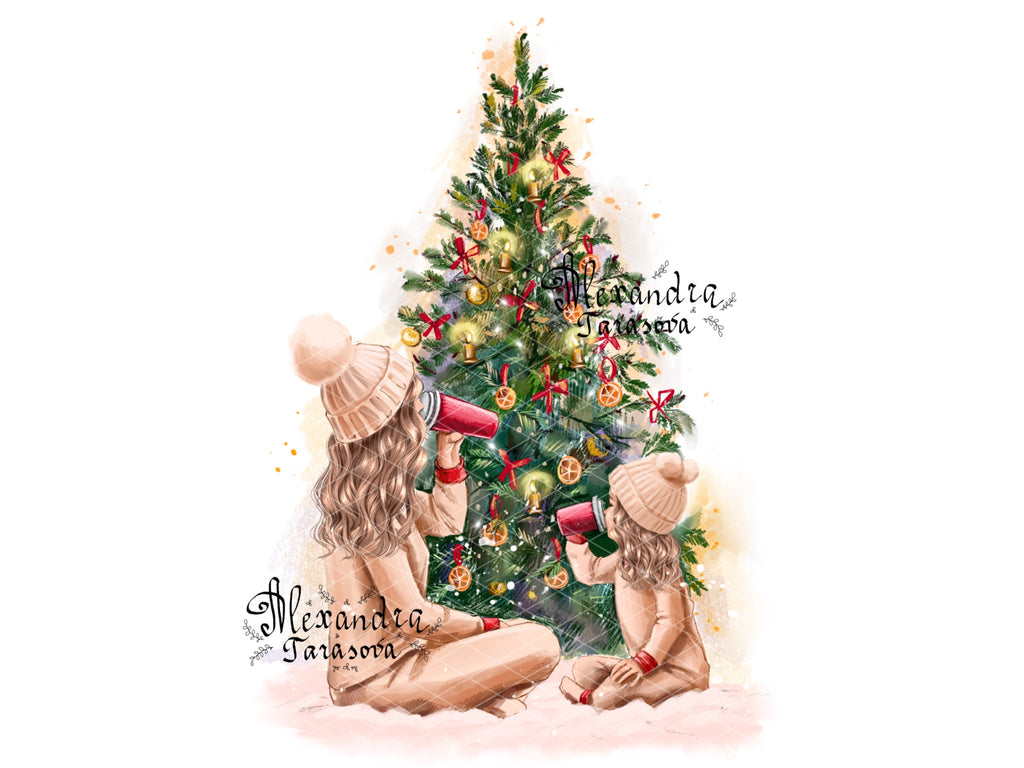 Digital Watercolor Illustration Fashion Mother And Daughter Christmas Tree Black Girl  Tea Winter Holiday New Year Gifts Printable Art