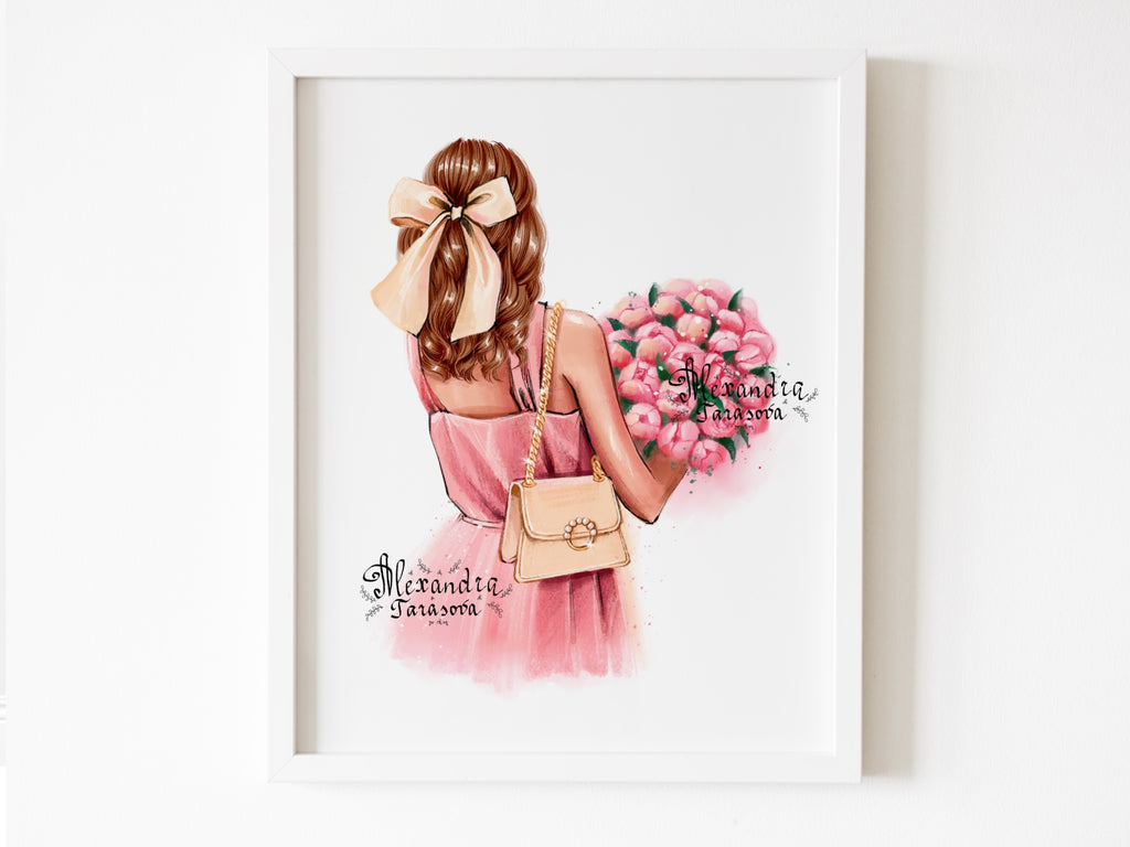 Digital Watercolor Illustration Stylish Shopping Girl Trendy Hairstyles Black Boss Girl White Black Jacket Printable Painting Art