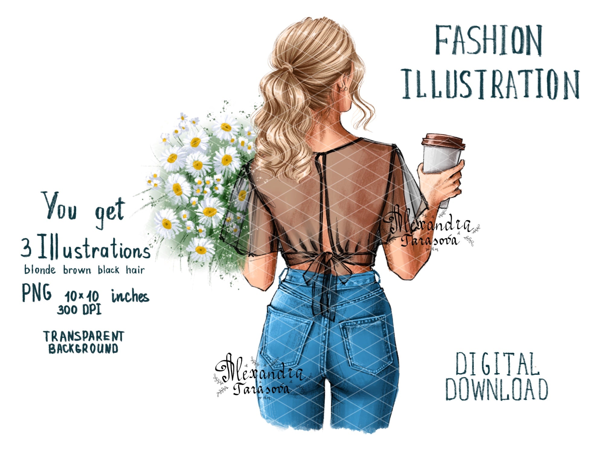 Digital Watercolor Illustration Stylish Girl Trendy Hairstyles Summer Holiday Printable Art Clipart Stickers