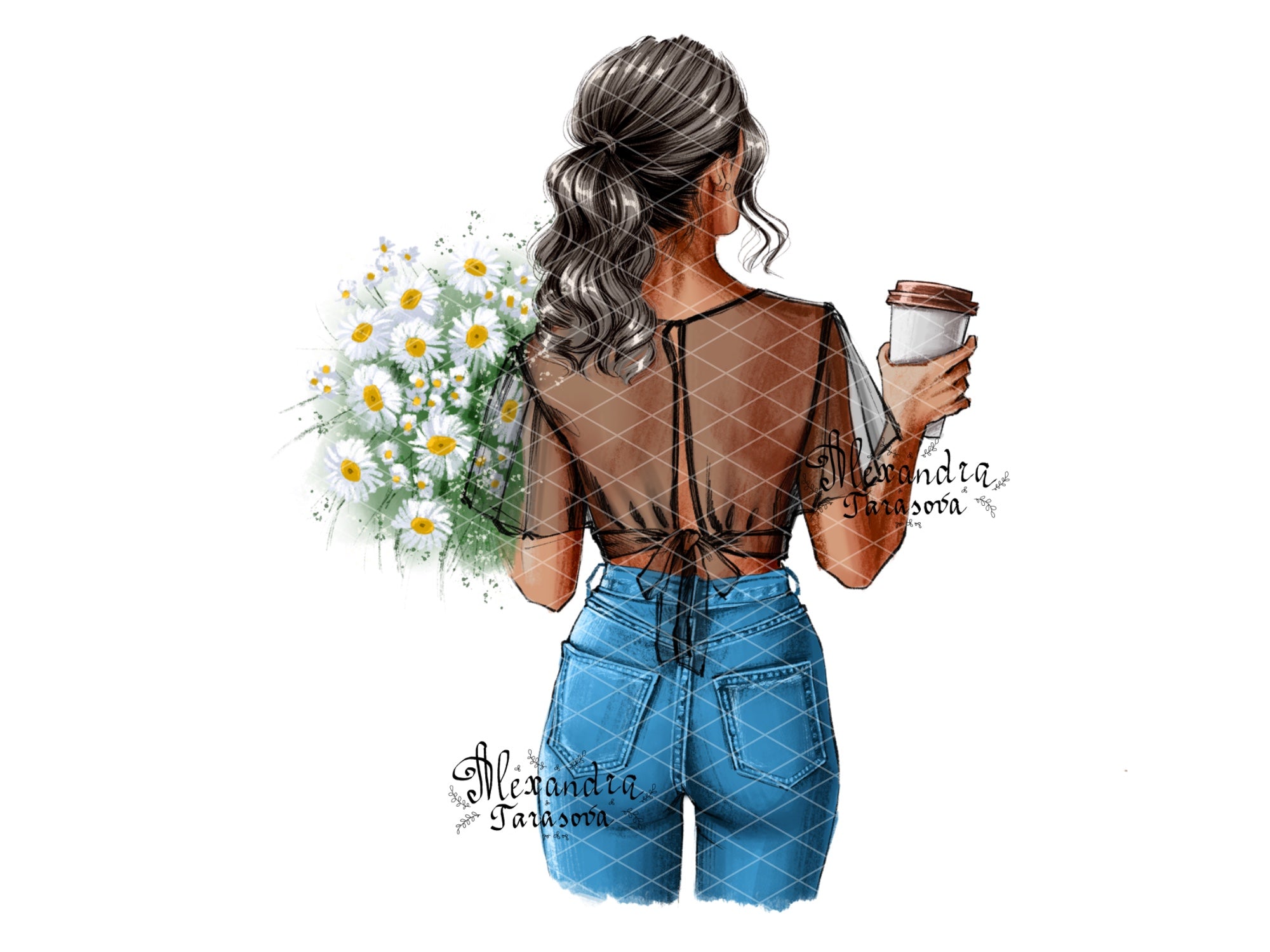 Digital Watercolor Illustration Stylish Girl Trendy Hairstyles Summer Holiday Printable Art Clipart Stickers