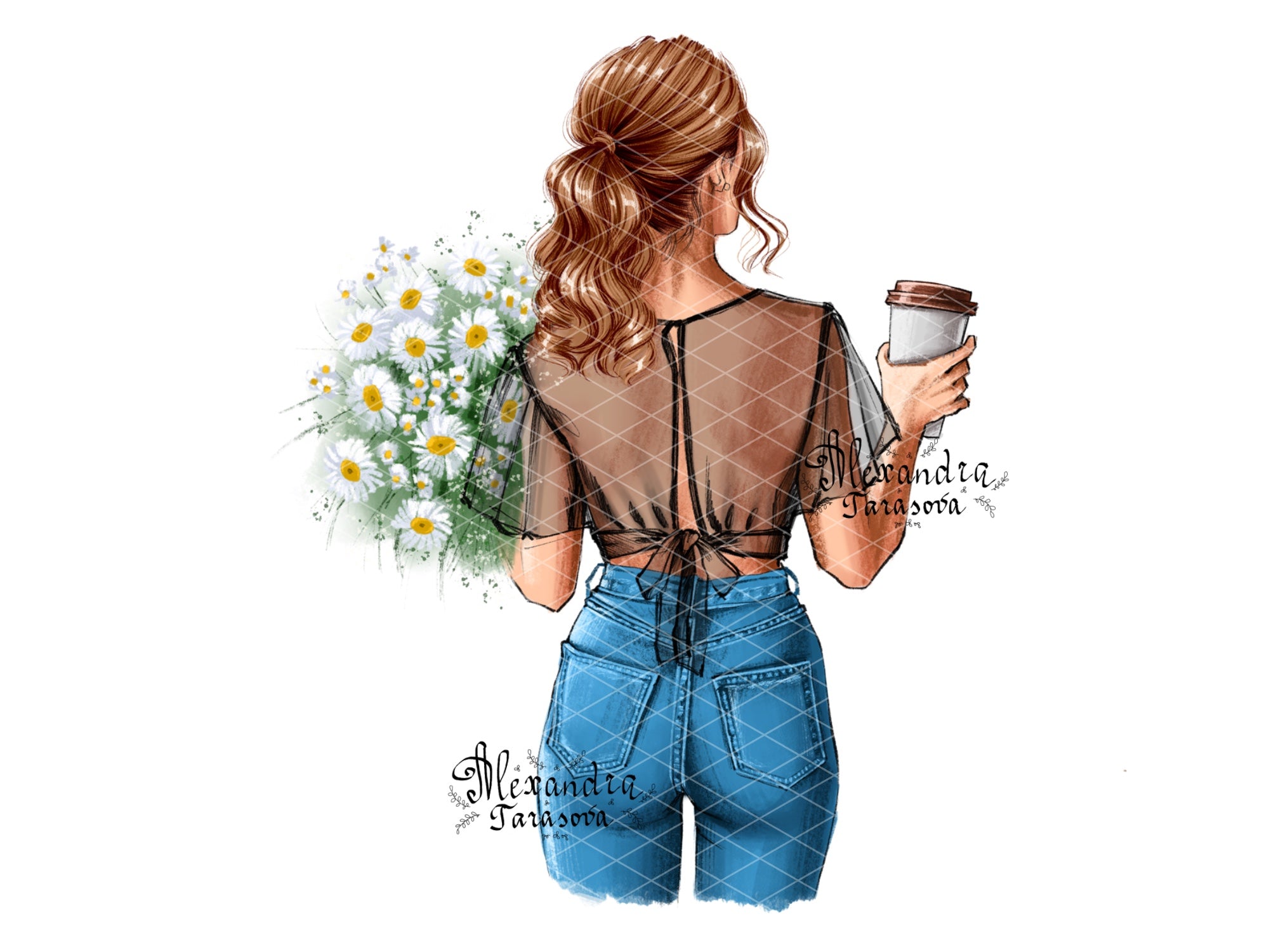Digital Watercolor Illustration Stylish Girl Trendy Hairstyles Summer Holiday Printable Art Clipart Stickers