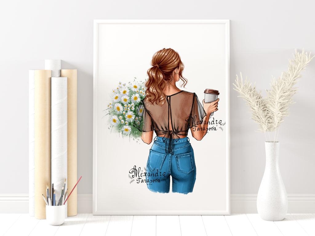 Digital Watercolor Illustration Stylish Girl Trendy Hairstyles Summer Holiday Printable Art Clipart Stickers