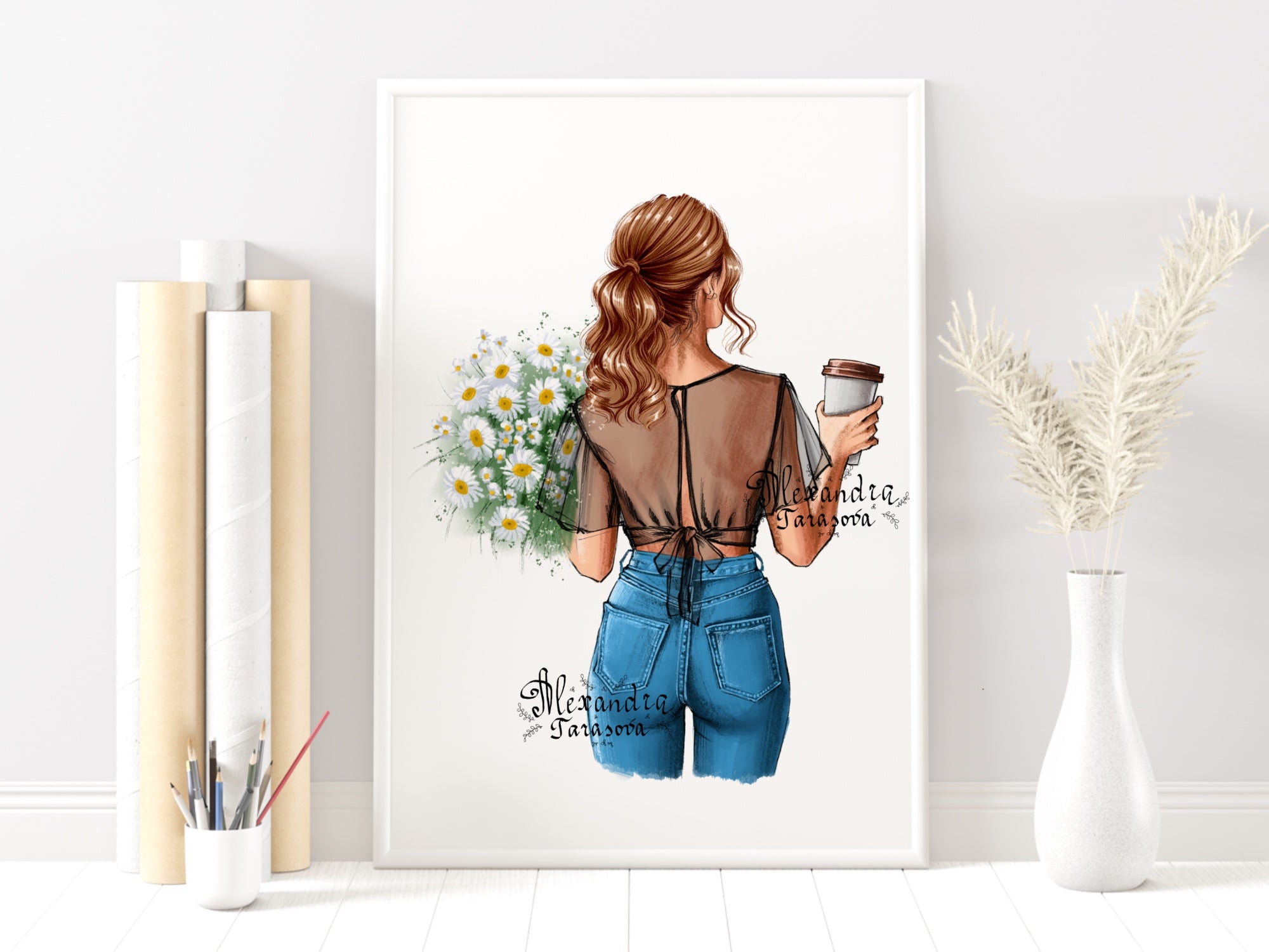 Digital Watercolor Illustration Stylish Girl Trendy Hairstyles Summer Holiday Printable Art Clipart Stickers