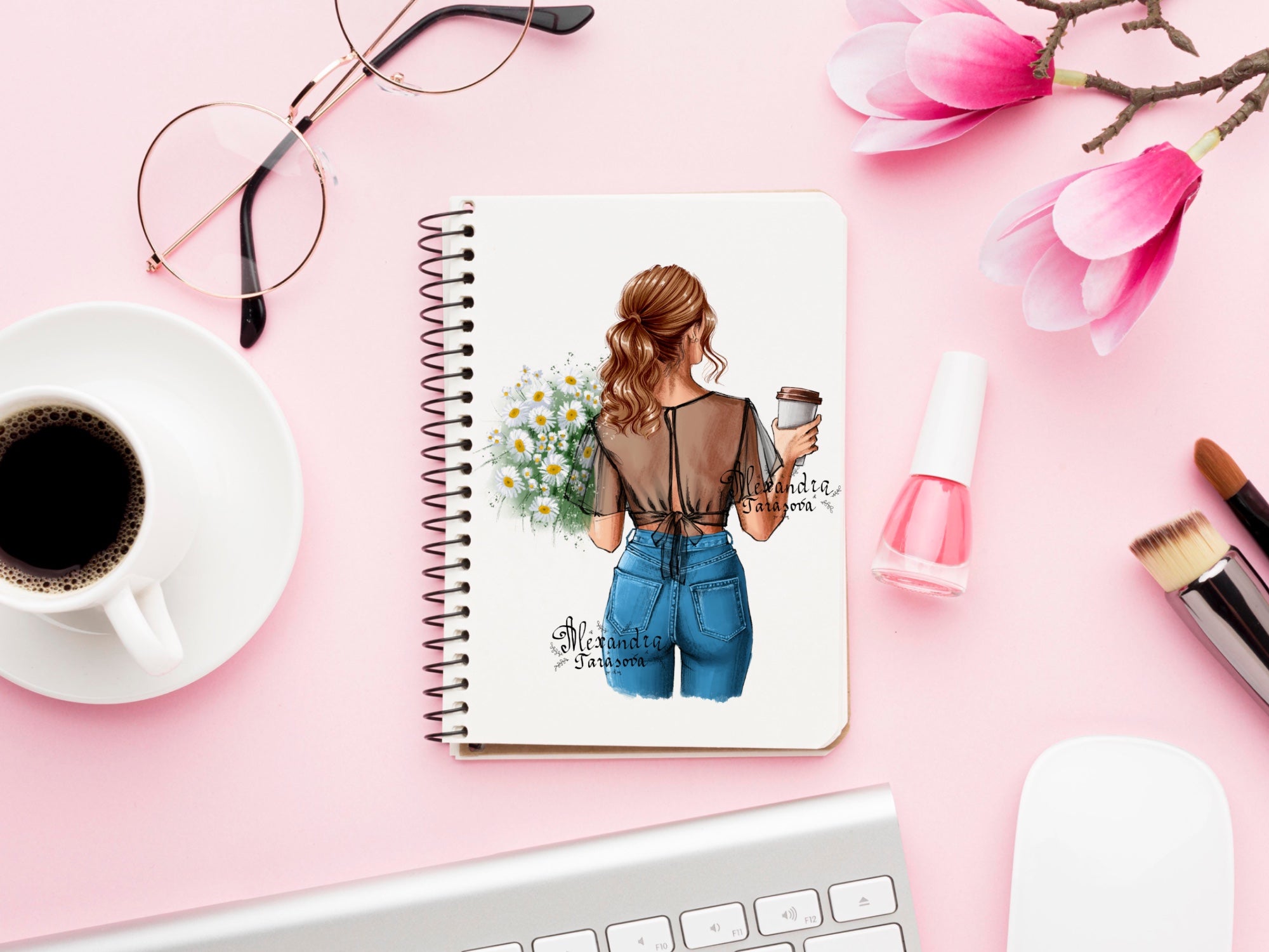 Digital Watercolor Illustration Stylish Girl Trendy Hairstyles Summer Holiday Printable Art Clipart Stickers