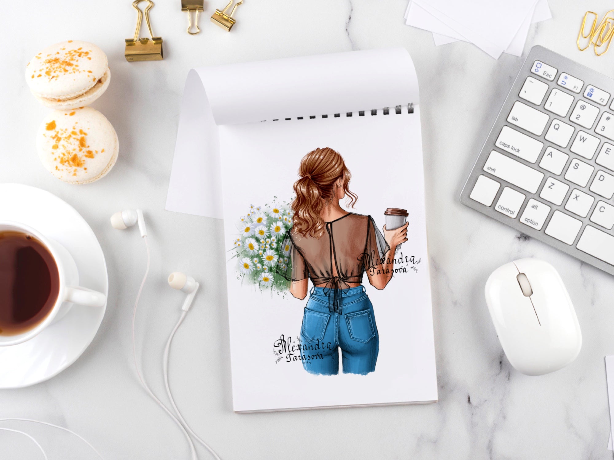 Digital Watercolor Illustration Stylish Girl Trendy Hairstyles Summer Holiday Printable Art Clipart Stickers