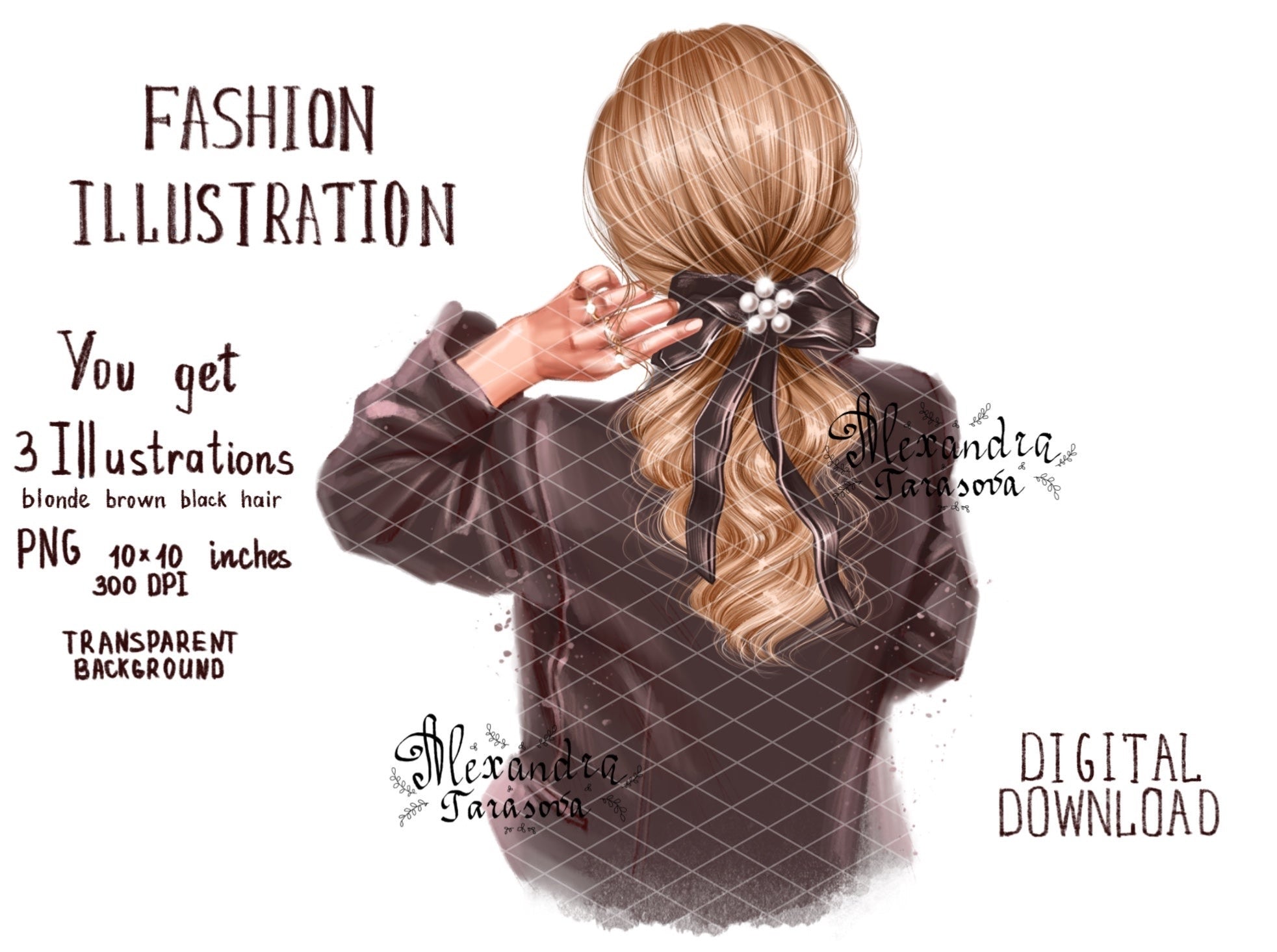 Digital Illustration Beauty Girl Black Jacket Trendy Hairstyles Ponytail Black Bow Printable Art
