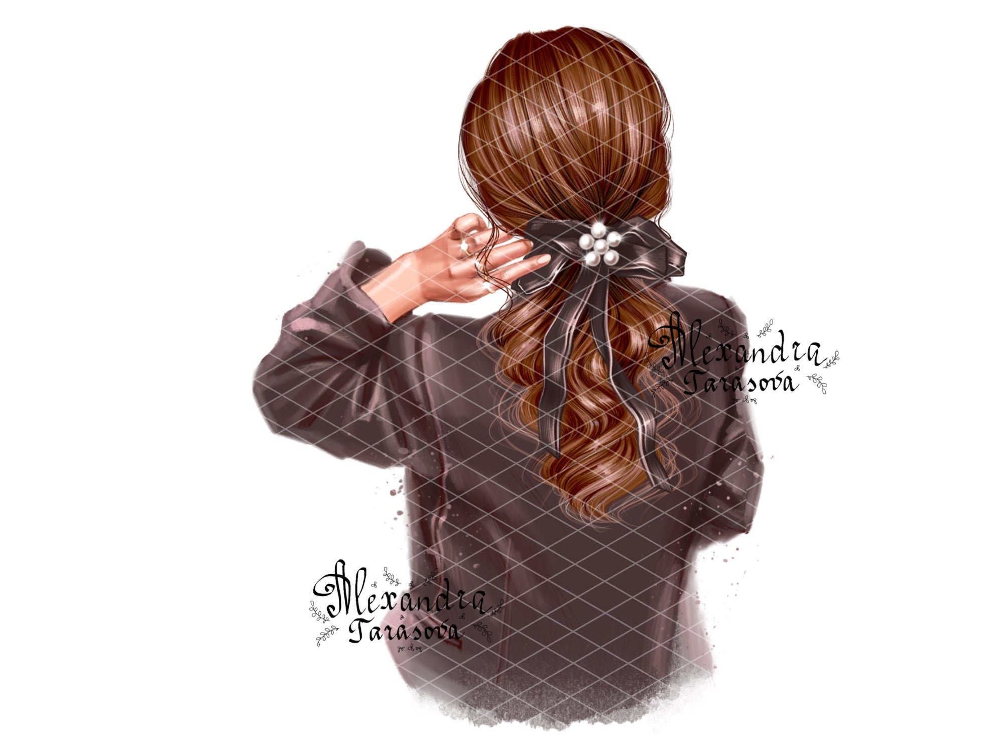 Digital Illustration Beauty Girl Black Jacket Trendy Hairstyles Ponytail Black Bow Printable Art