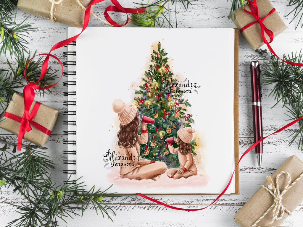 Digital Watercolor Illustration Fashion Mother And Daughter Christmas Tree Black Girl  Tea Winter Holiday New Year Gifts Printable Art
