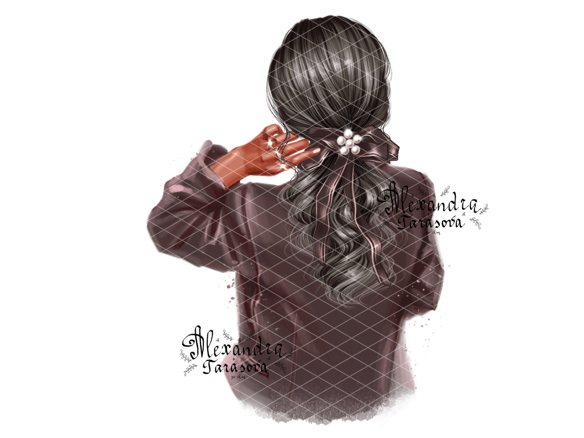 Digital Illustration Beauty Girl Black Jacket Trendy Hairstyles Ponytail Black Bow Printable Art