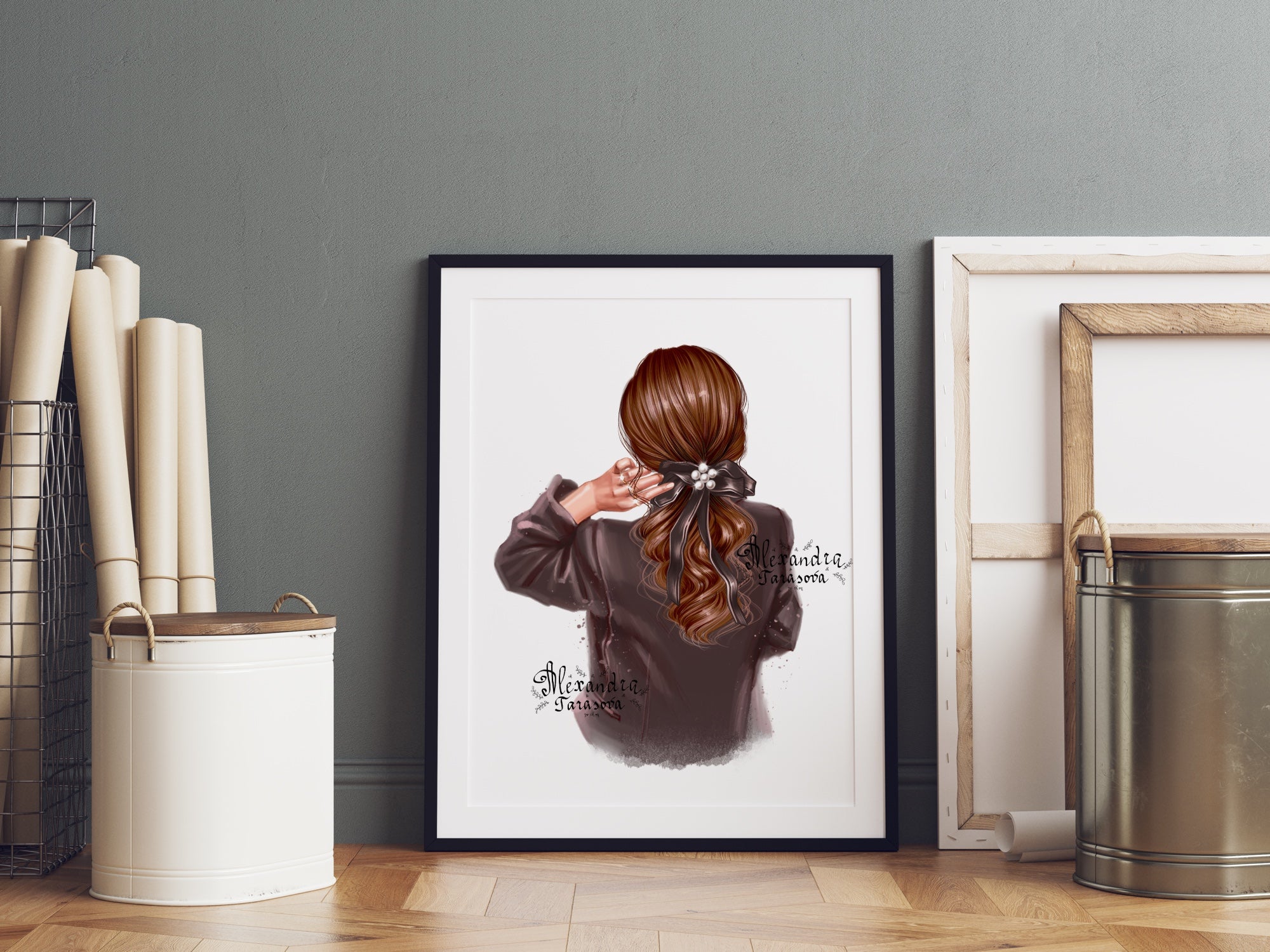 Digital Illustration Beauty Girl Black Jacket Trendy Hairstyles Ponytail Black Bow Printable Art