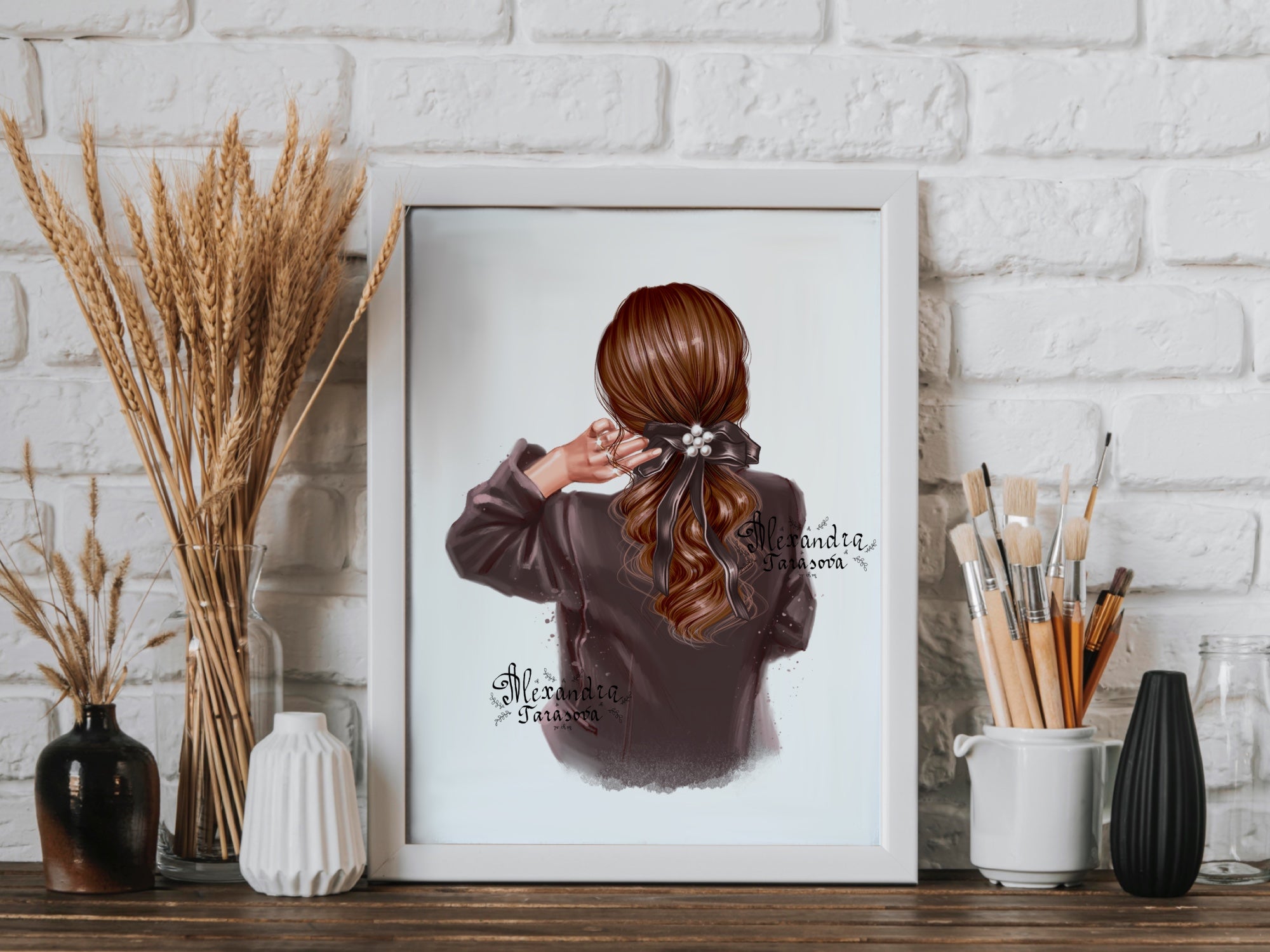 Digital Illustration Beauty Girl Black Jacket Trendy Hairstyles Ponytail Black Bow Printable Art
