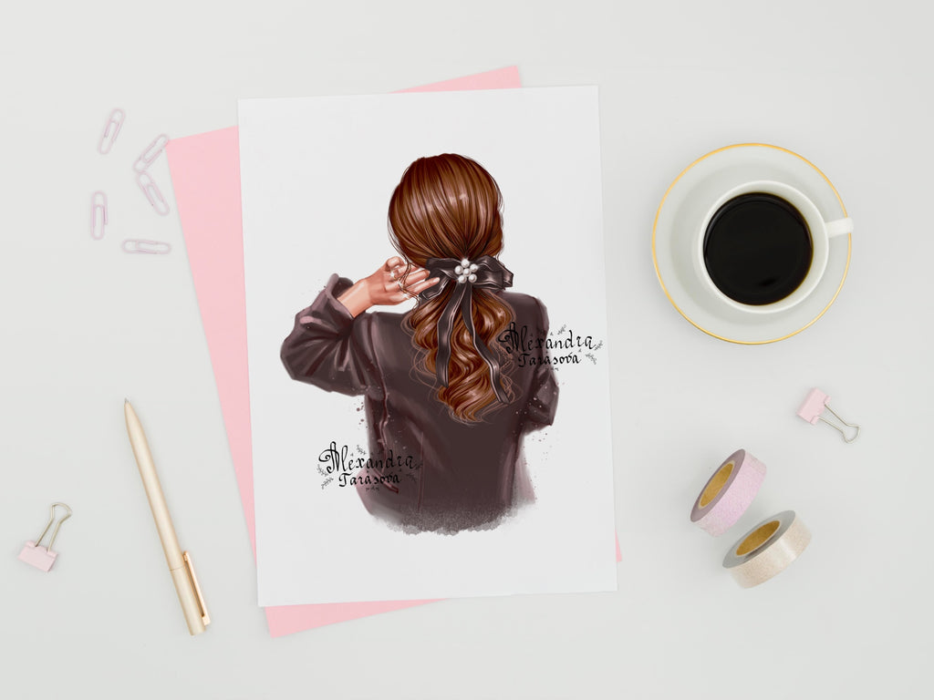Digital Illustration Beauty Girl Black Jacket Trendy Hairstyles Ponytail Black Bow Printable Art