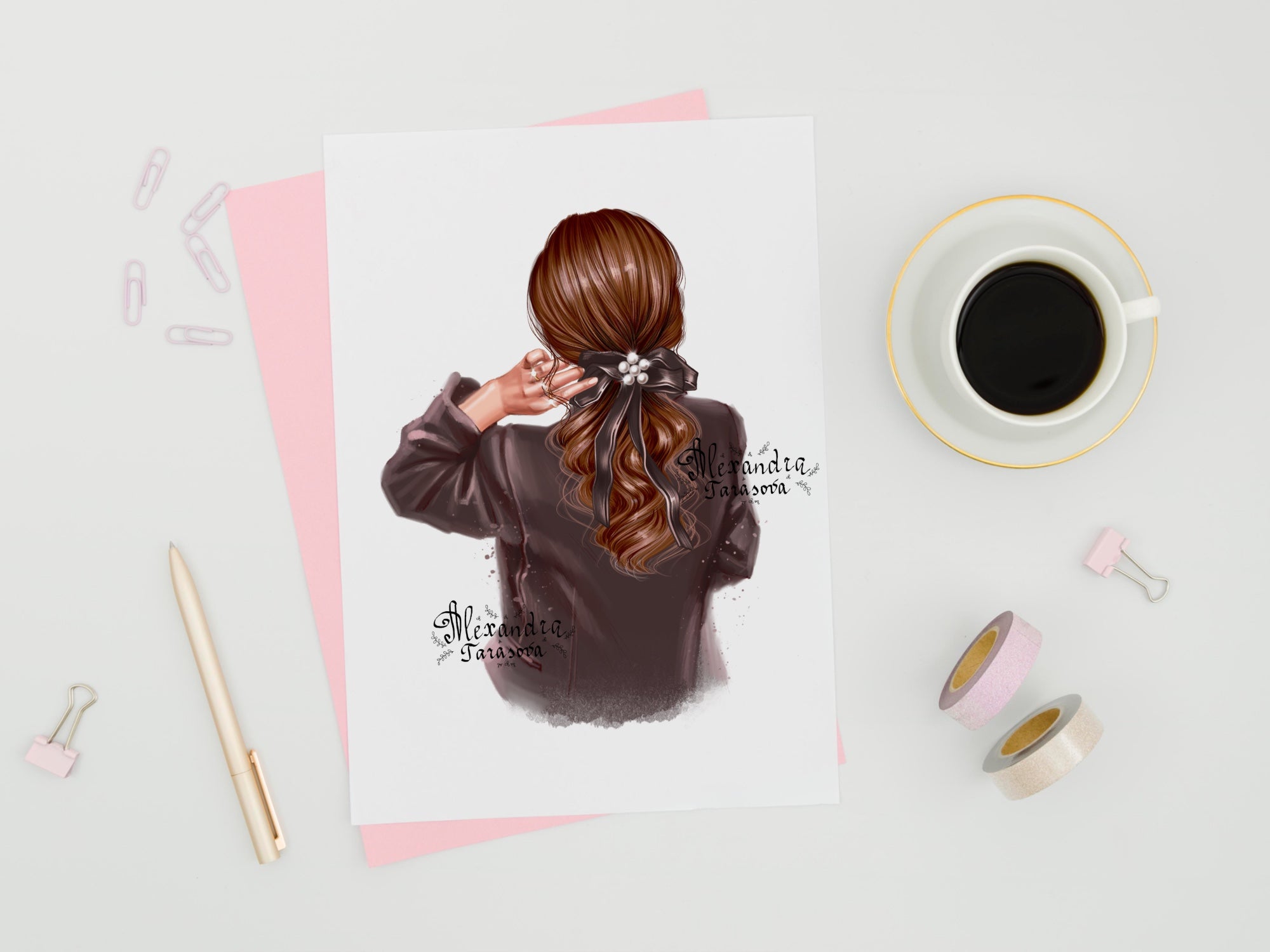 Digital Illustration Beauty Girl Black Jacket Trendy Hairstyles Ponytail Black Bow Printable Art