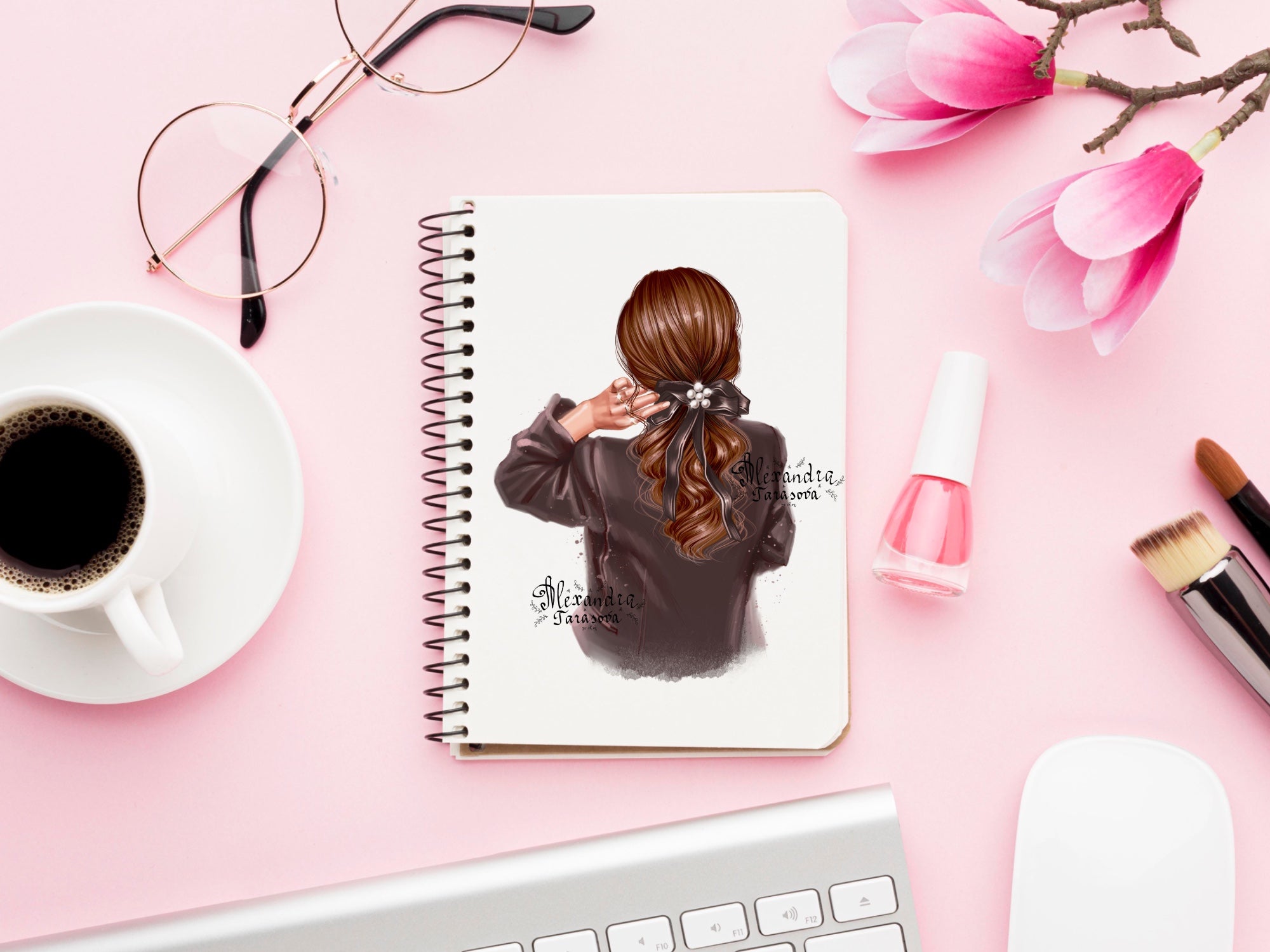 Digital Illustration Beauty Girl Black Jacket Trendy Hairstyles Ponytail Black Bow Printable Art