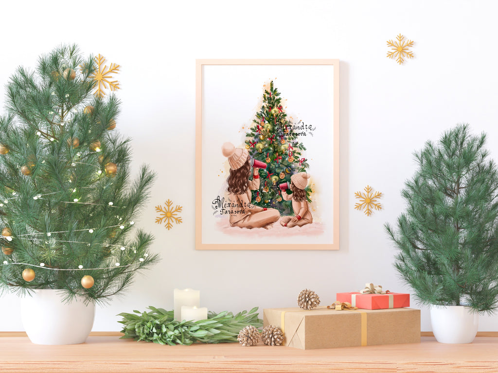 Digital Watercolor Illustration Fashion Mother And Daughter Christmas Tree Black Girl  Tea Winter Holiday New Year Gifts Printable Art