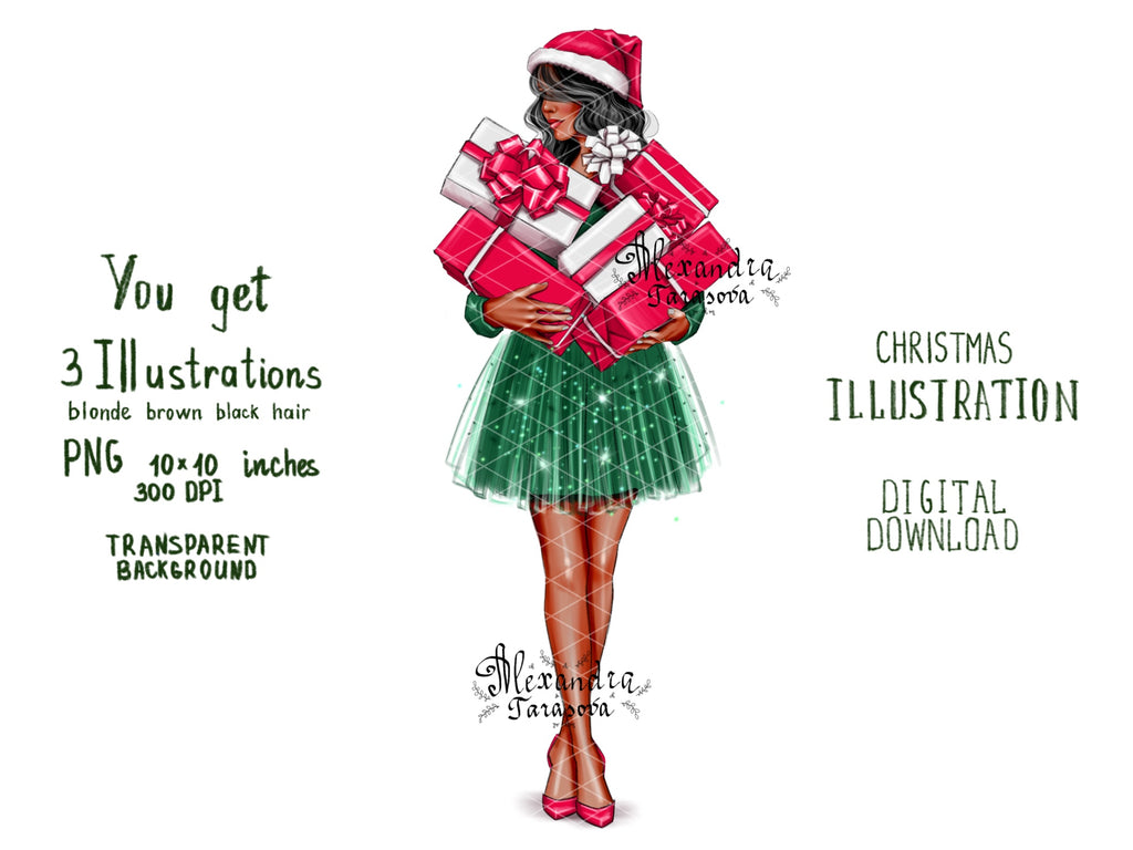 Digital Illustration Fashion Girl Christmas Gifts Trendy Hairstyles Fashion Green Skirt Tutu Black Girl Stylish Winter Holiday Gifts