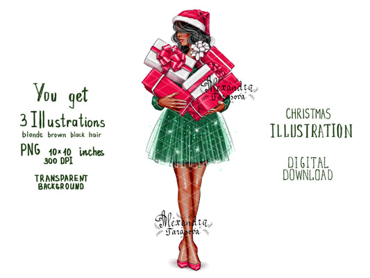 Digital Illustration Fashion Girl Christmas Gifts Trendy Hairstyles Fashion Green Skirt Tutu Black Girl Stylish Winter Holiday Gifts