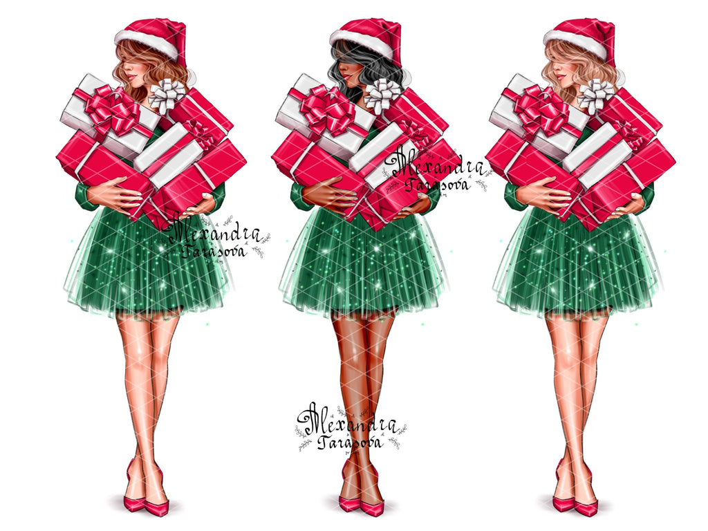 Digital Illustration Fashion Girl Christmas Gifts Trendy Hairstyles Fashion Green Skirt Tutu Black Girl Stylish Winter Holiday Gifts