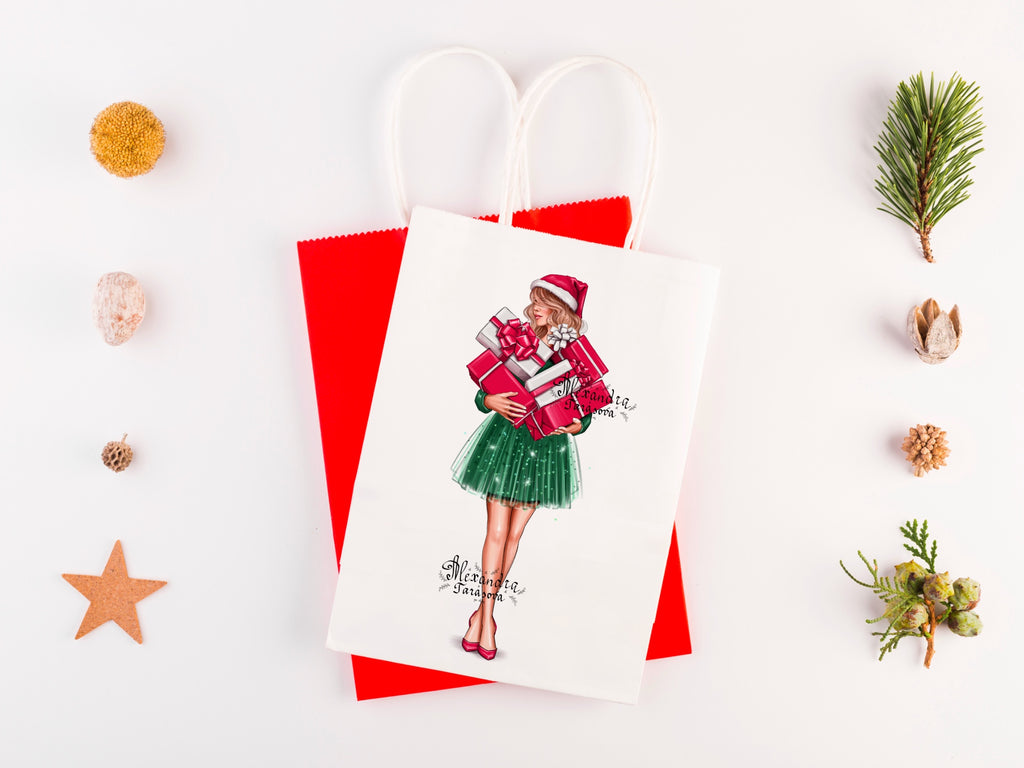 Digital Illustration Fashion Girl Christmas Gifts Trendy Hairstyles Fashion Green Skirt Tutu Black Girl Stylish Winter Holiday Gifts