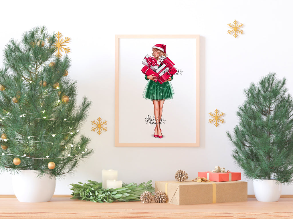 Digital Illustration Fashion Girl Christmas Gifts Trendy Hairstyles Fashion Green Skirt Tutu Black Girl Stylish Winter Holiday Gifts