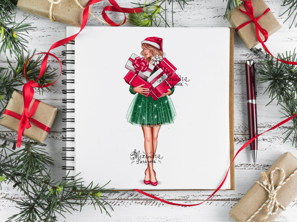 Digital Illustration Fashion Girl Christmas Gifts Trendy Hairstyles Fashion Green Skirt Tutu Black Girl Stylish Winter Holiday Gifts