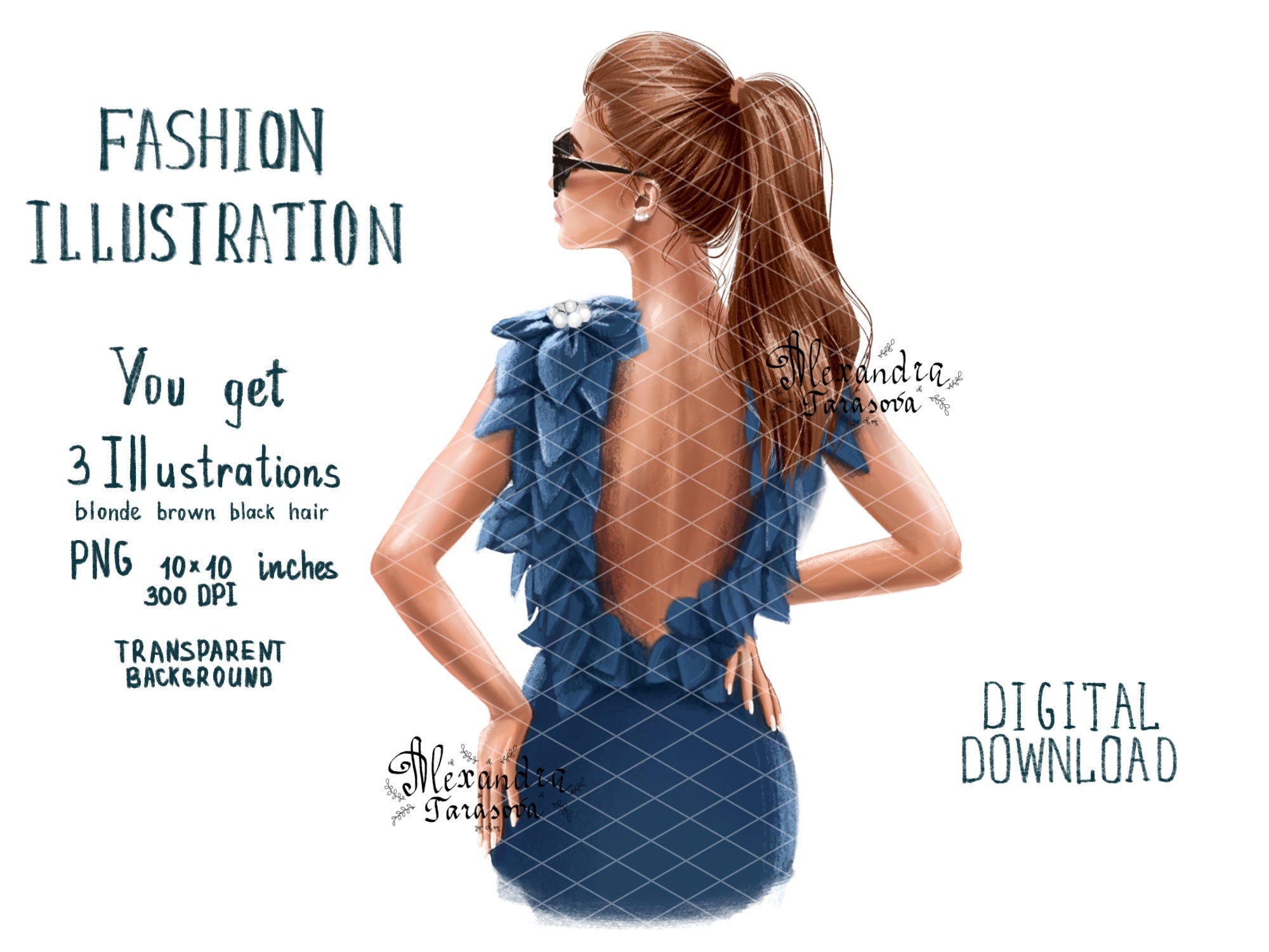 Digital Illustration Fashion Girl Stylish Blue Dress Trendy Hairstyles Ponytail Watercolor Painting Printable Art