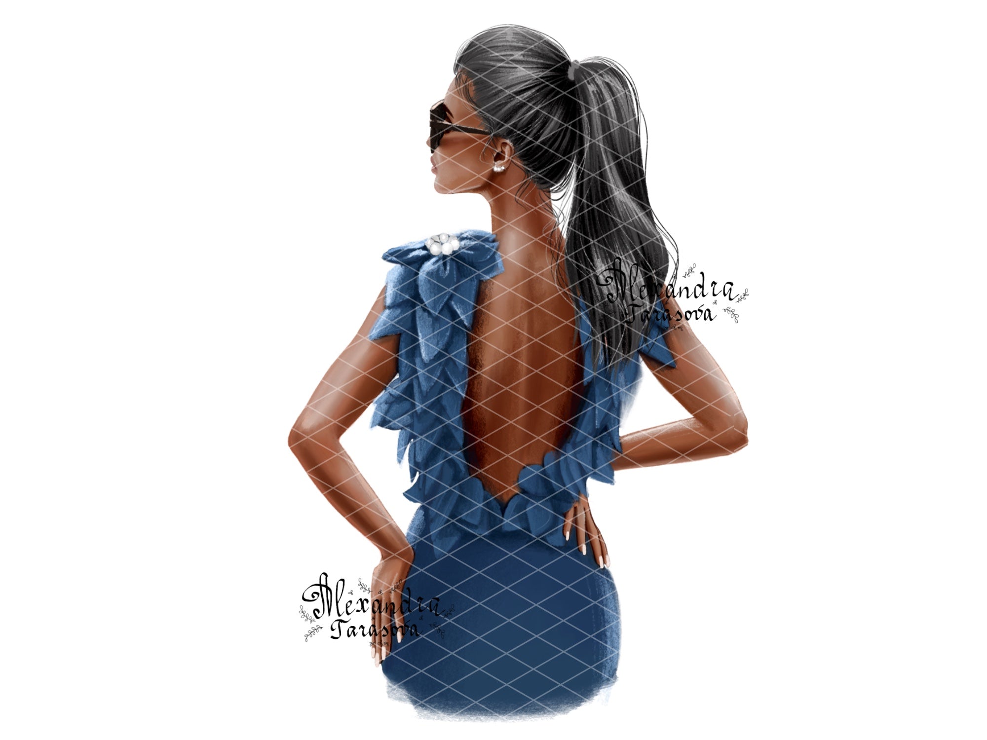 Digital Illustration Fashion Girl Stylish Blue Dress Trendy Hairstyles Ponytail Watercolor Painting Printable Art