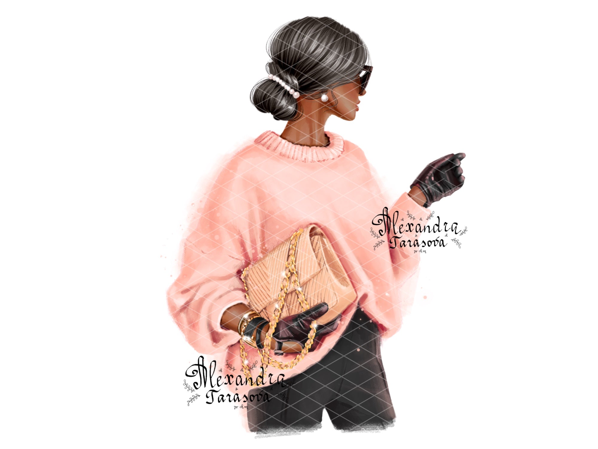 Digital Watercolor Illustration Fashion Girl Trendy Hairstyles Bun Pink Sweater Stylish Bag Painting Printable Art