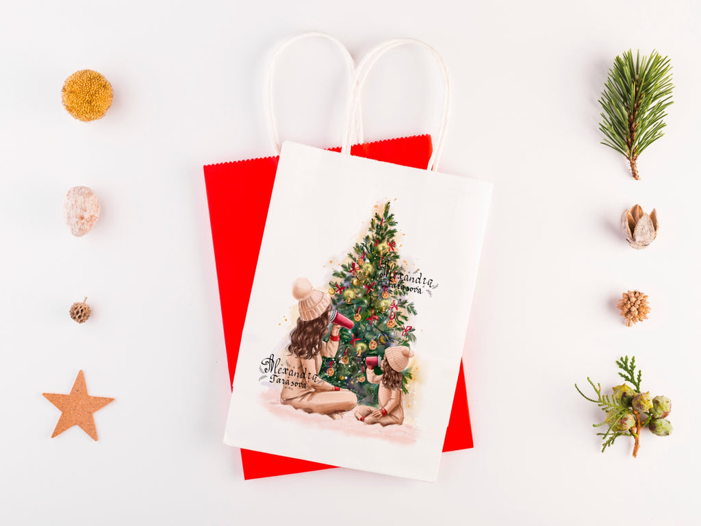 Digital Watercolor Illustration Fashion Mother And Daughter Christmas Tree Black Girl  Tea Winter Holiday New Year Gifts Printable Art