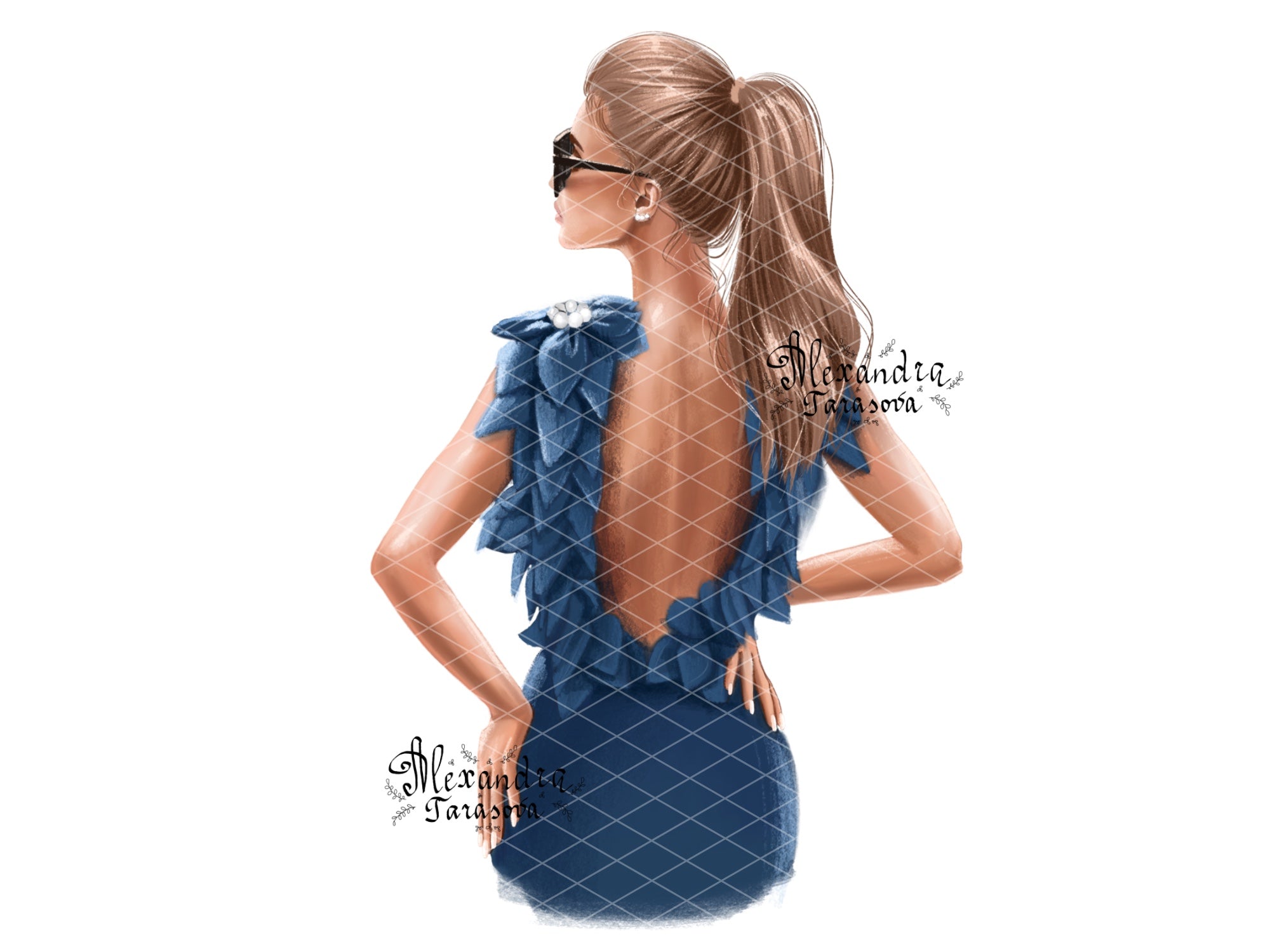 Digital Illustration Fashion Girl Stylish Blue Dress Trendy Hairstyles Ponytail Watercolor Painting Printable Art