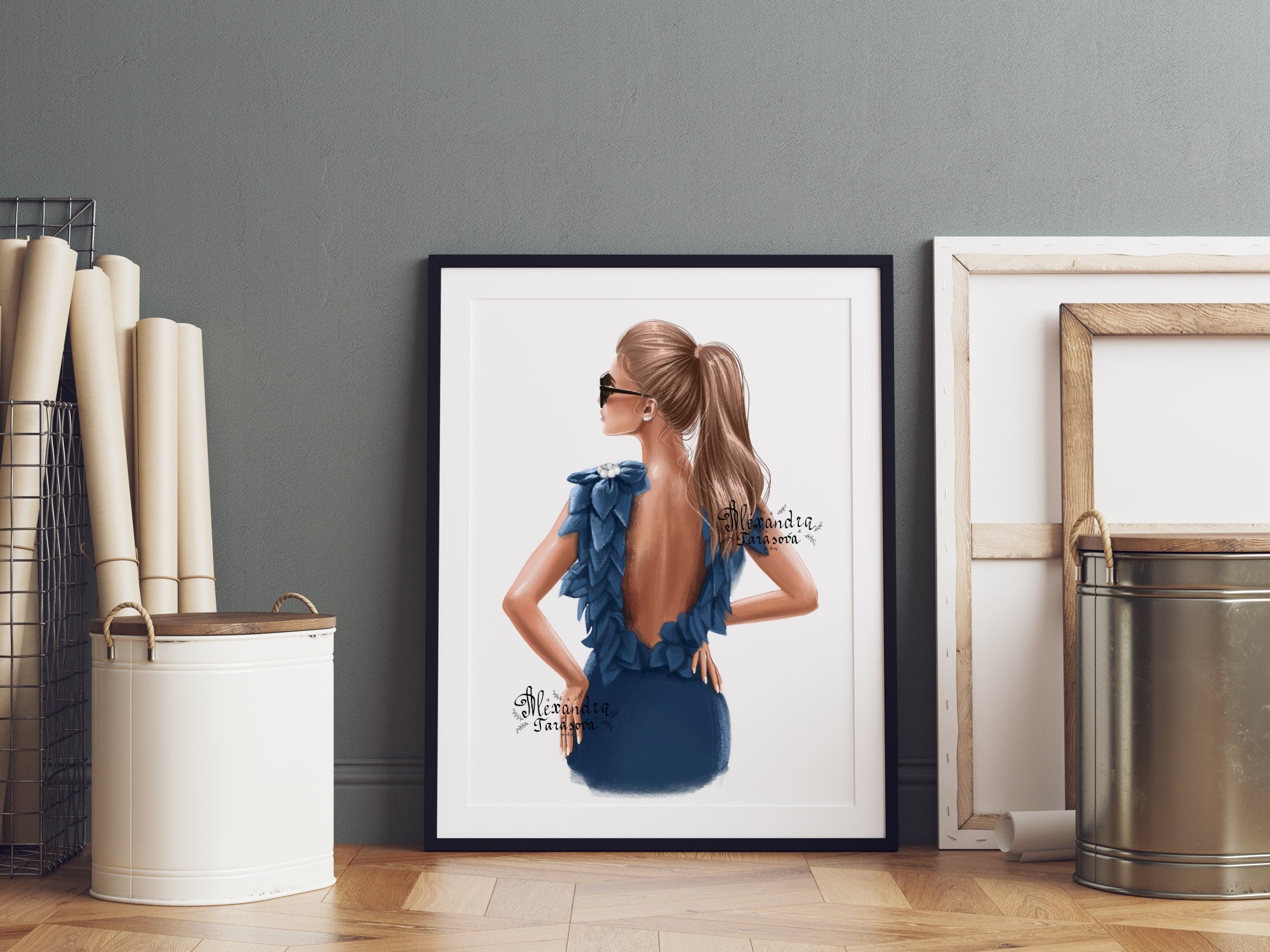 Digital Illustration Fashion Girl Stylish Blue Dress Trendy Hairstyles Ponytail Watercolor Painting Printable Art