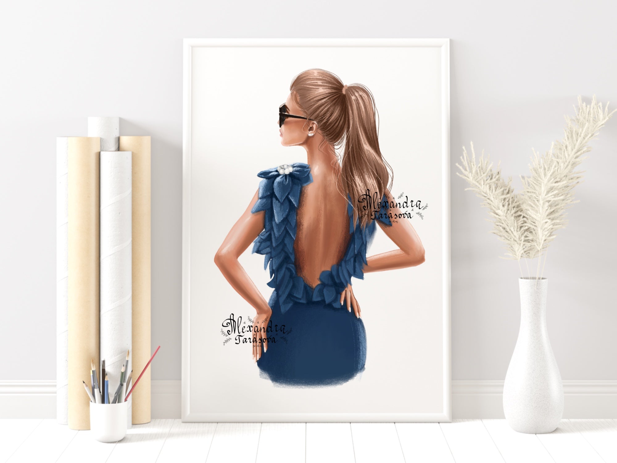 Digital Illustration Fashion Girl Stylish Blue Dress Trendy Hairstyles Ponytail Watercolor Painting Printable Art