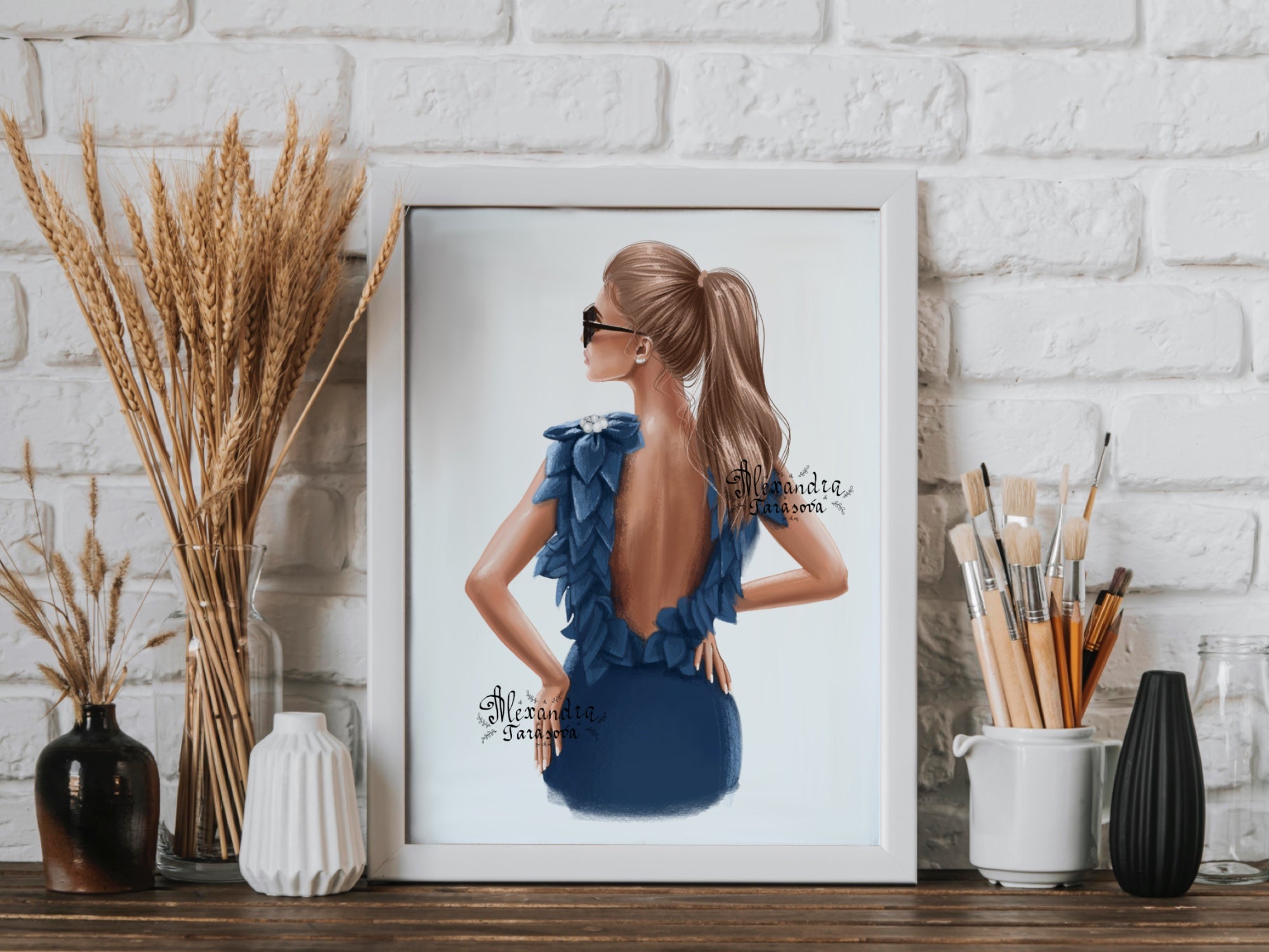 Digital Illustration Fashion Girl Stylish Blue Dress Trendy Hairstyles Ponytail Watercolor Painting Printable Art