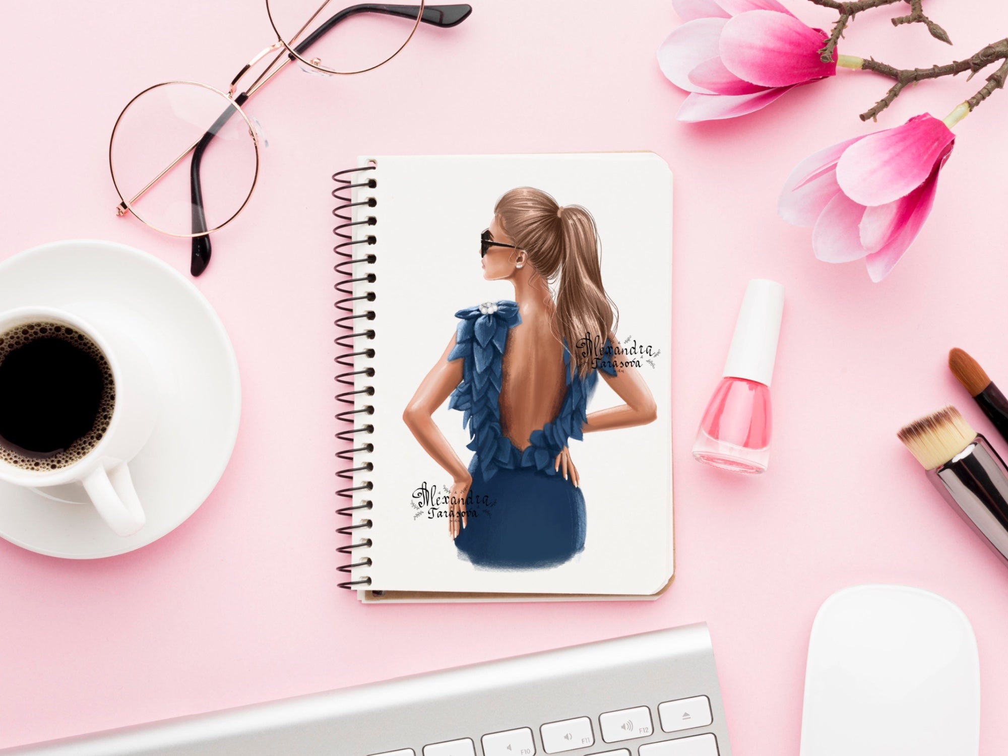 Digital Illustration Fashion Girl Stylish Blue Dress Trendy Hairstyles Ponytail Watercolor Painting Printable Art