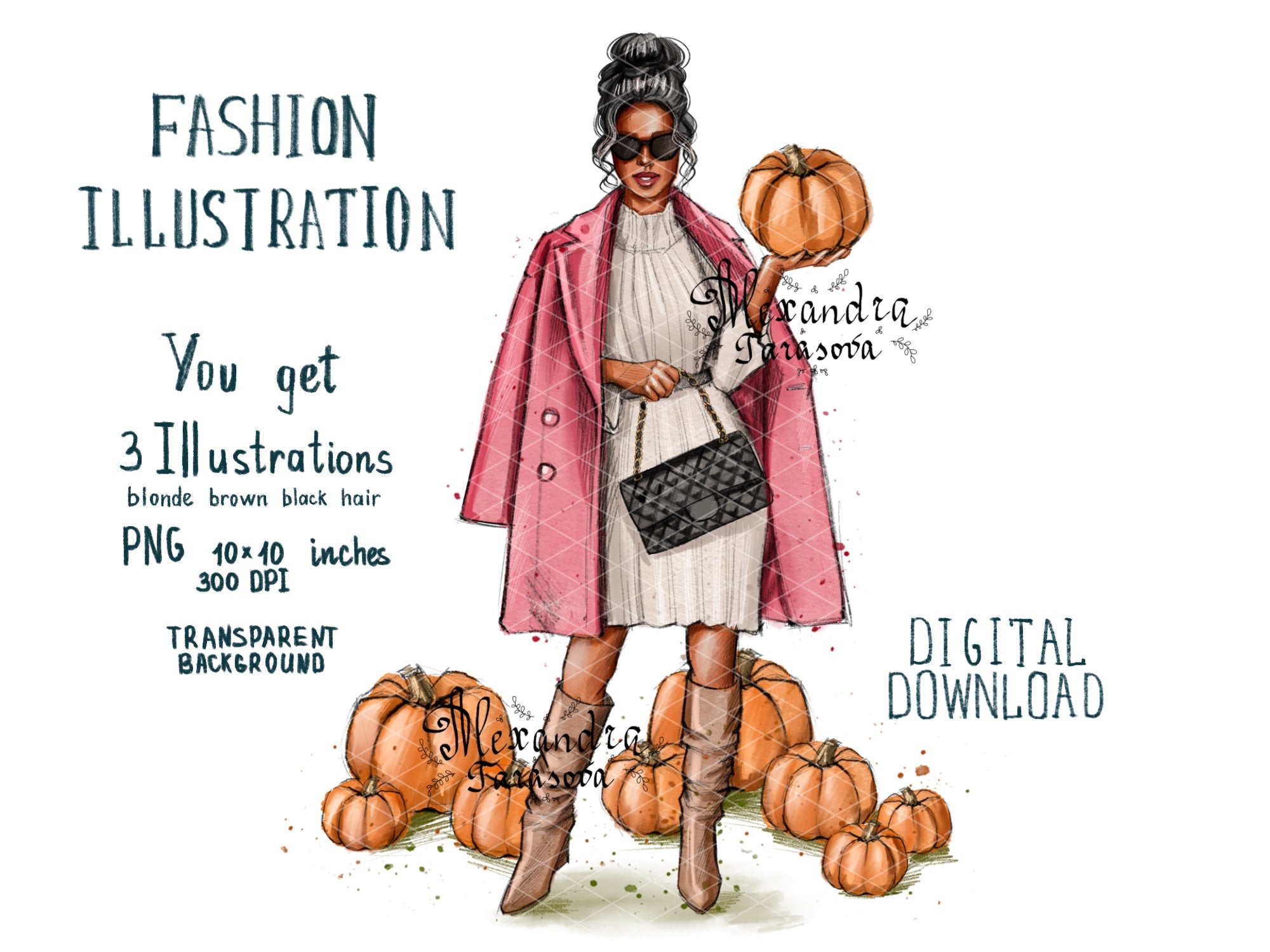 Digital watercolor illustration instant download fashion pumpkin